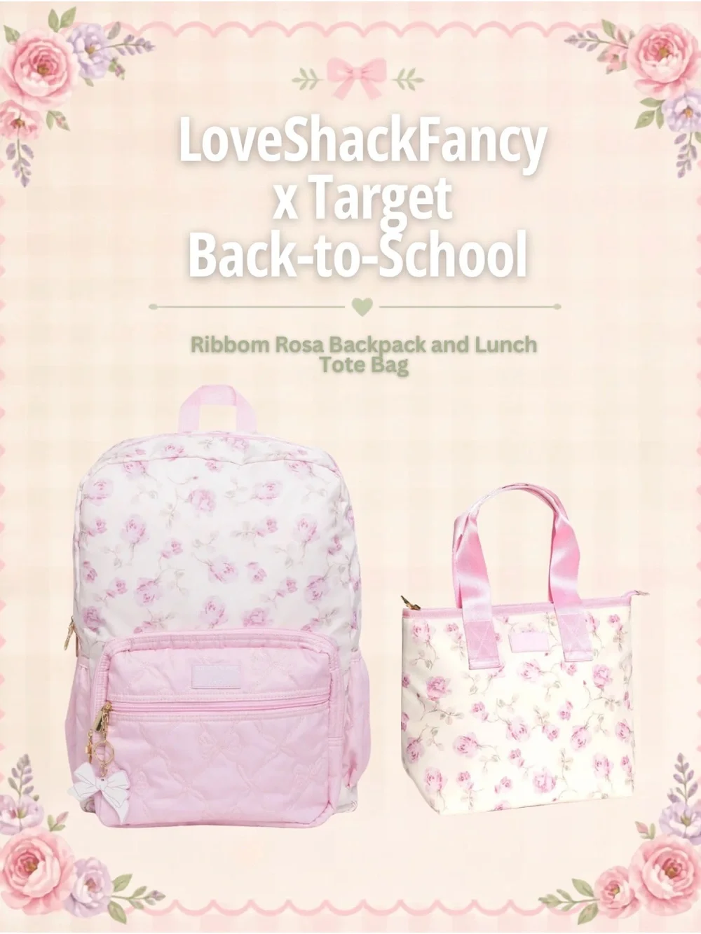 LoveShackFancy Pink Floral Kids Backpack with Matching Lunch Tote